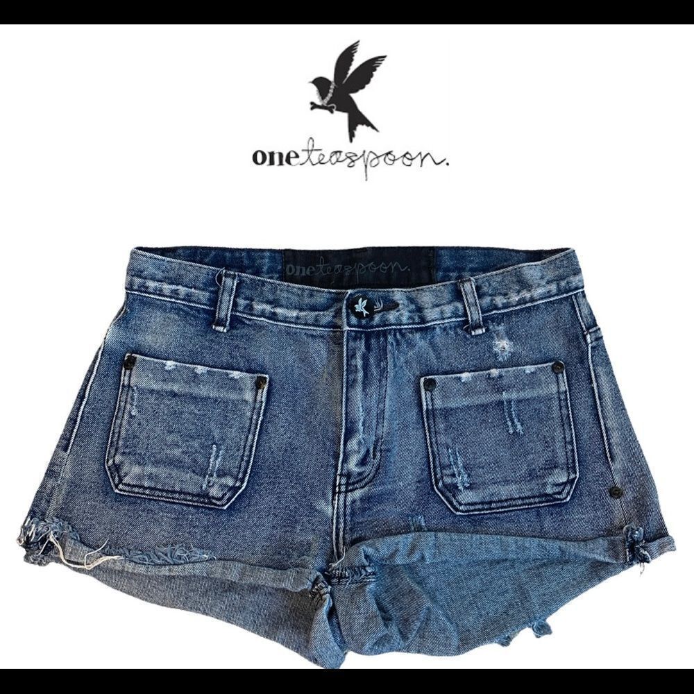 ONE Teaspoon Blue denim Jean high-rise Cutt-offs shorts Sz 10/28